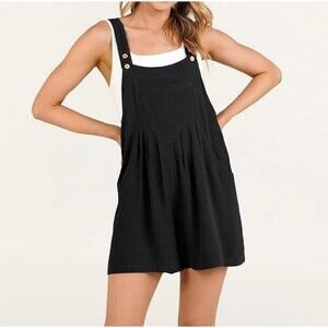 Womens Large Black Linen Blend Overall Romper Shorts Boho Festival Breathable
